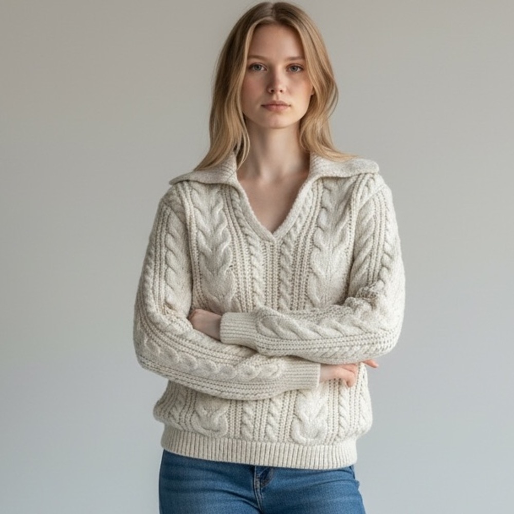ZARA Cable Knit V-Neck Pullover Sweater with Collar